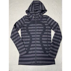 Lululemon Stride Jacket Women 6 Black Gray Striped Hoodie Thumbholes Full Zip